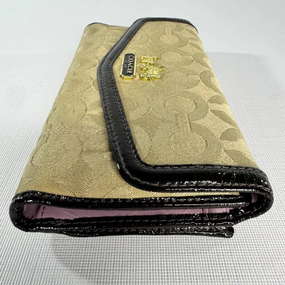VINTAGE Coach Madison Op Art Checkbook Wallet | Khaki Brown Canvas Patent Leathe